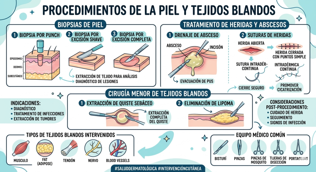procedimientos de la piel y tejidos blandos: abscesos, biopsias de piel, extracción de quites sebáceos.